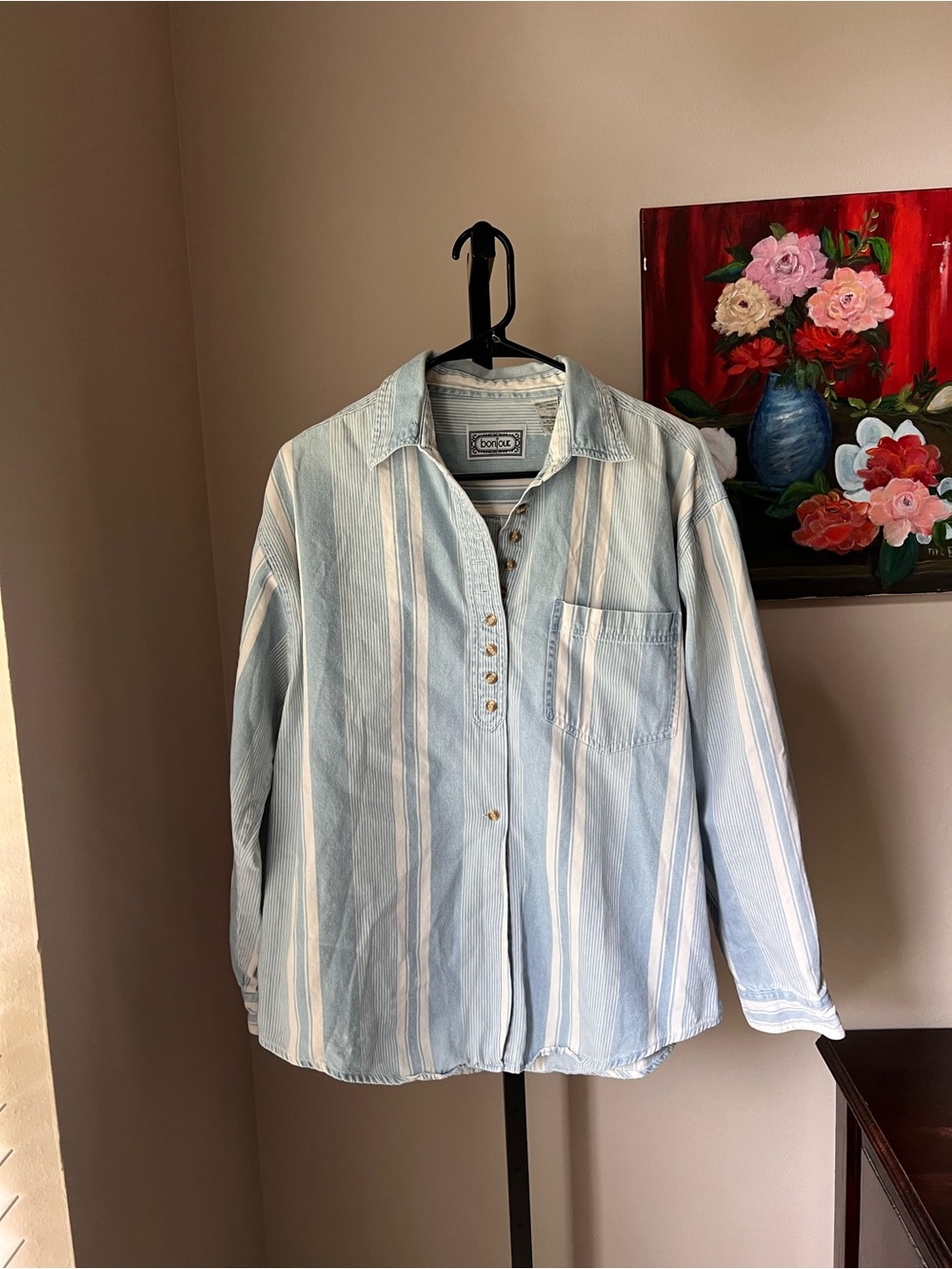 Bonjour Soft Blue Striped Button-Front Shirt vintage 90s mom shirt
